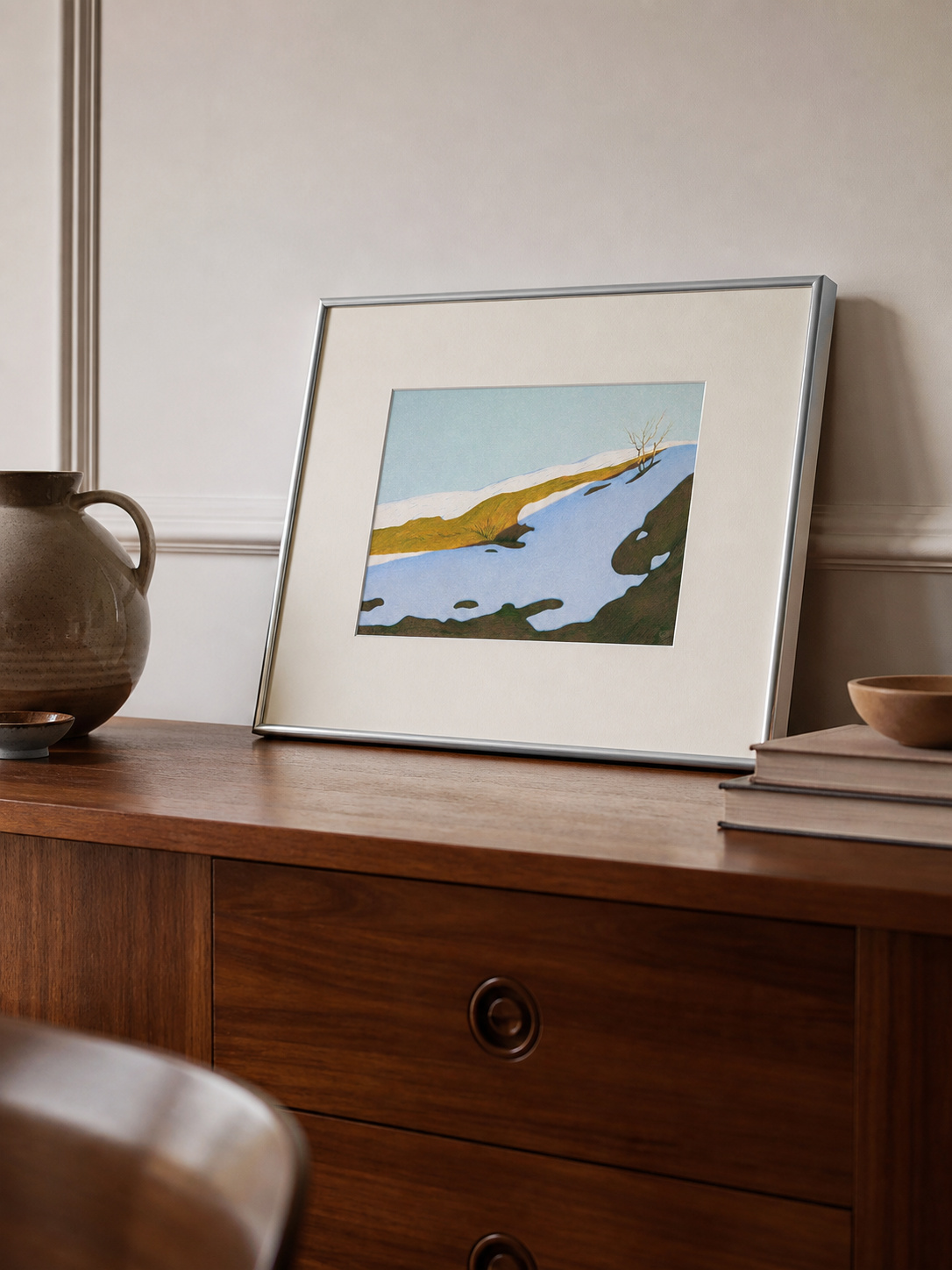 MOOJI ART, Melting Snow landscape artwork leaning on a walnut console, product 3925989610