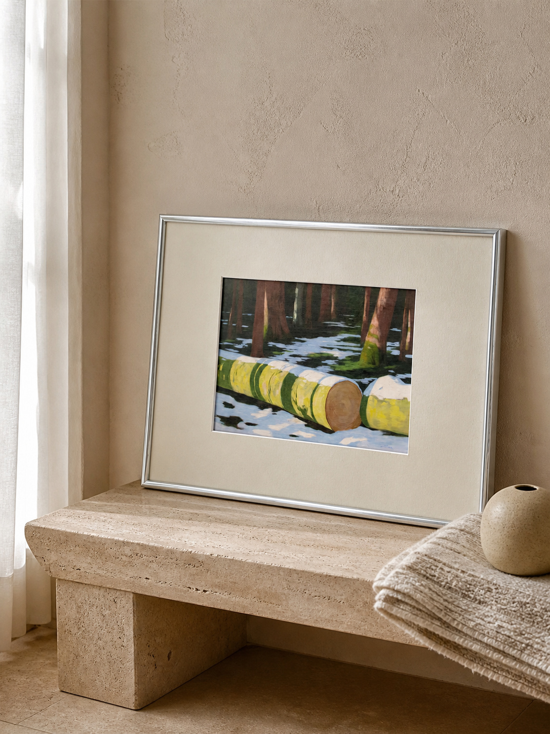 MOOJI ART, Tree landscape artwork leaning against a textured plaster wall, product 3925989610