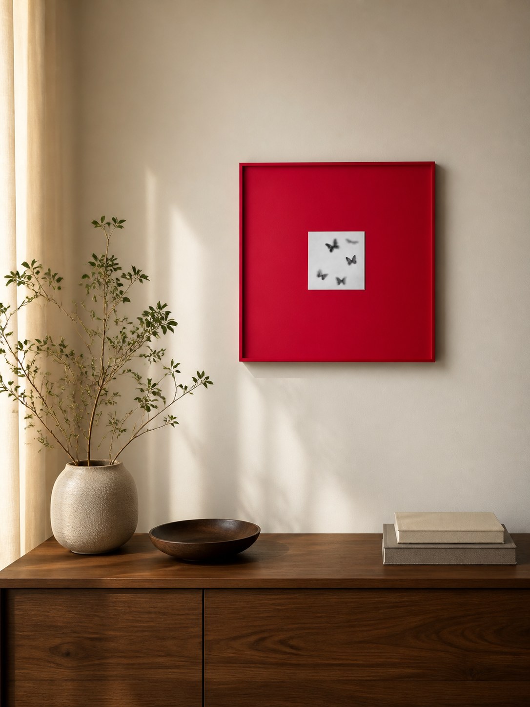 MOOJI ART red framed butterfly artwork room view, product 3925997456