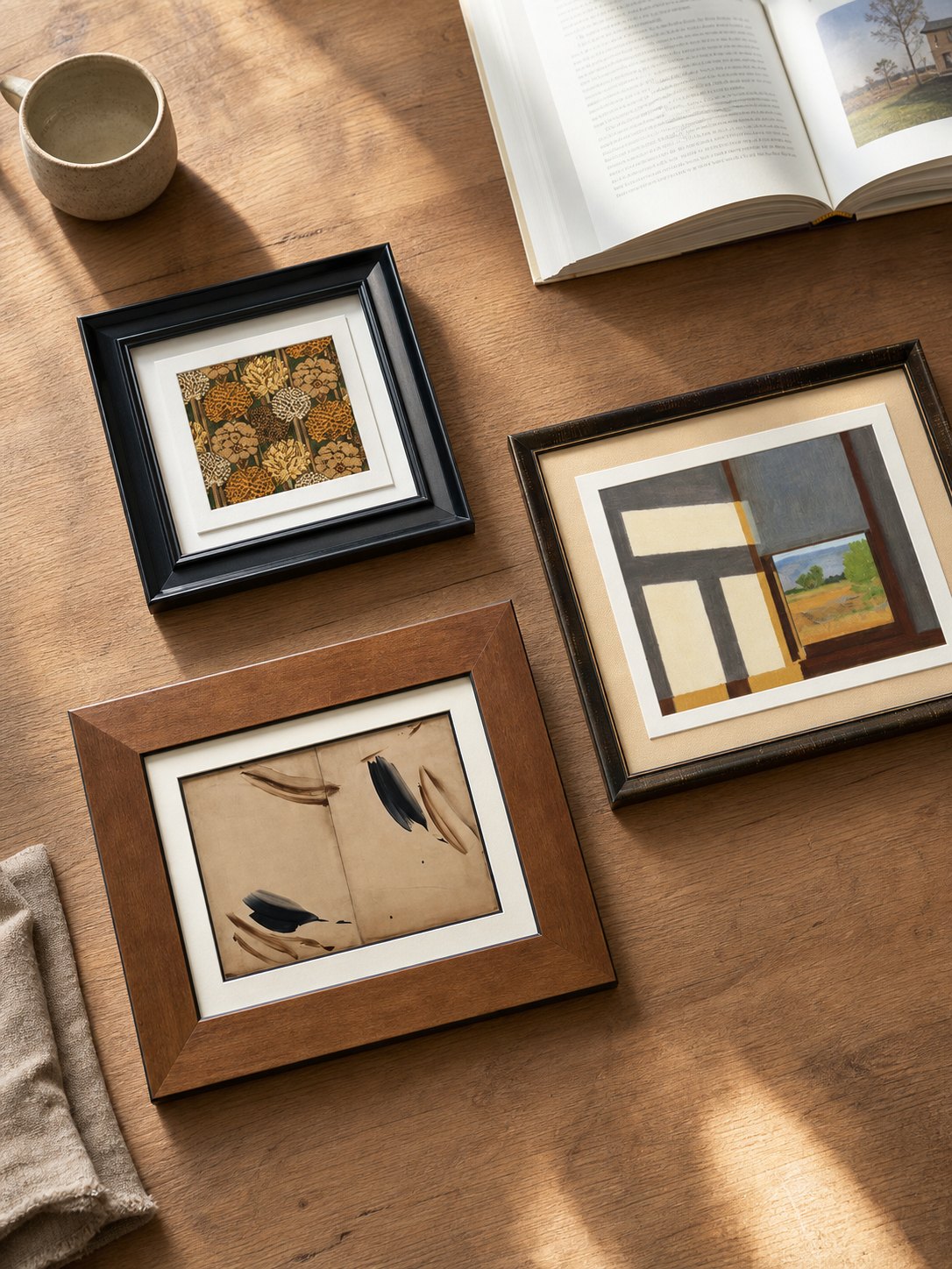 MOOJI ART modern minimalist abstract artwork collection, Three-piece gallery set in an overhead styling view, product 3925989612