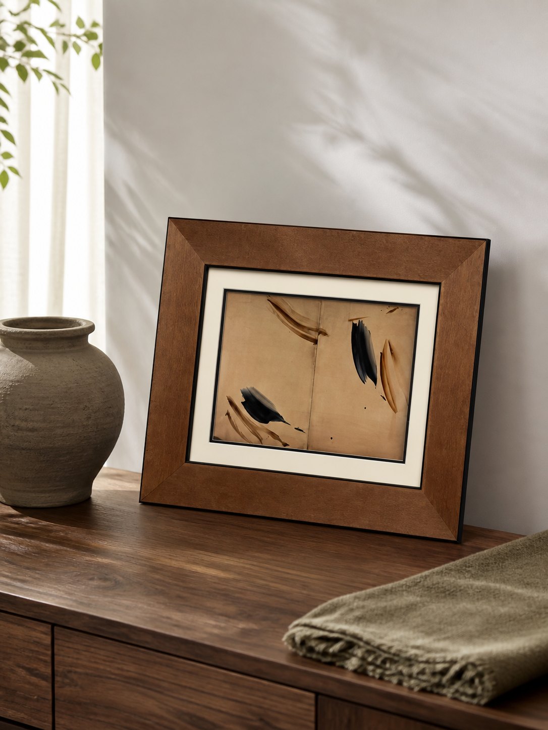 MOOJI ART modern minimalist abstract artwork collection, Abstract brushwork artwork in a warm walnut frame, product 3925989612
