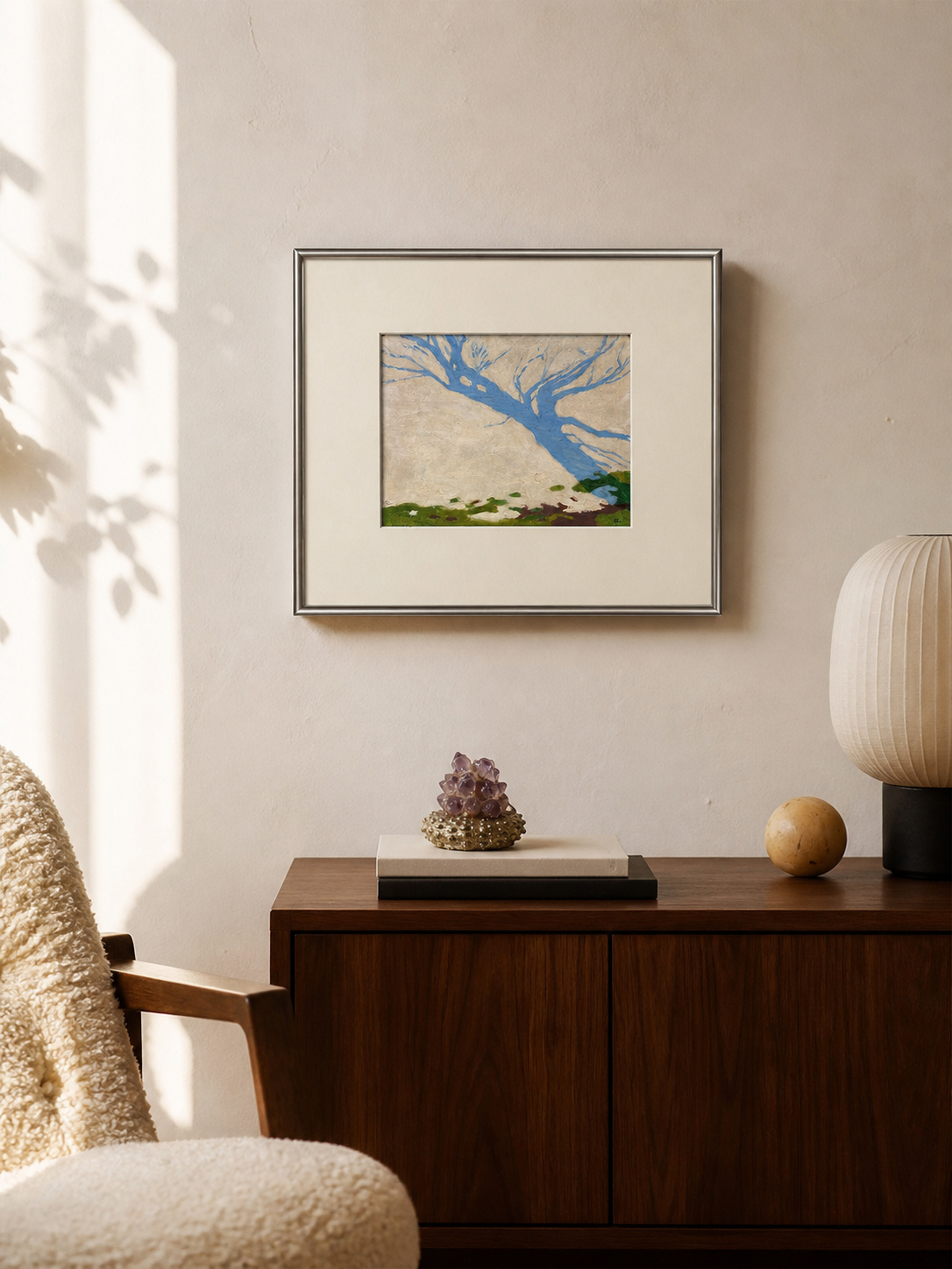 MOOJI ART, blue-tree Snow Shadow landscape artwork styled above a walnut console, product 3925989610