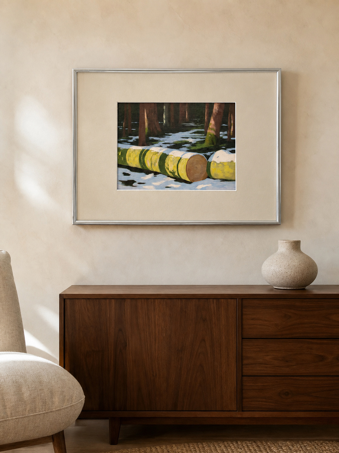 MOOJI ART, framed landscape artwork above a walnut console in a warm living room, product 3925989610