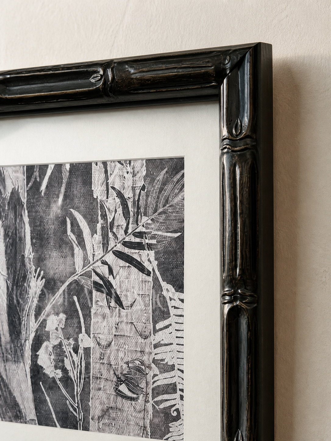MOOJI ART black carved solid-wood frame, cream mat and monochrome botanical print detail