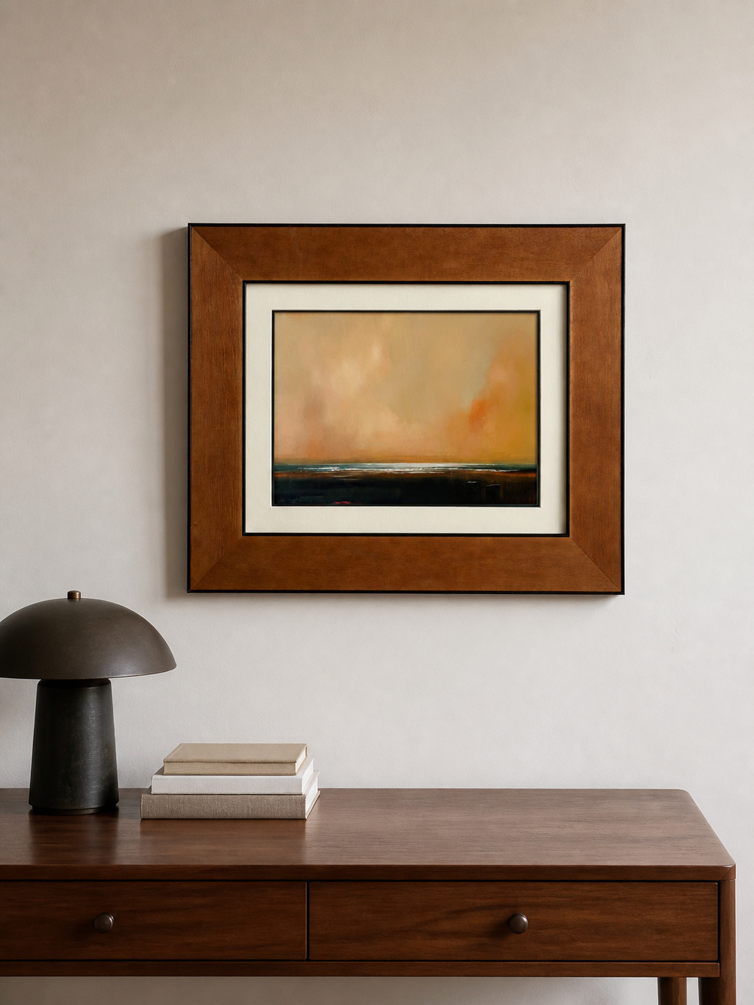 MOOJI ART warm amber landscape framed wall art above a walnut desk with cream mat and black inner border