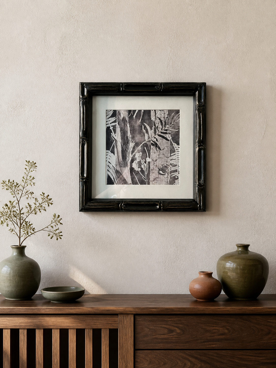 MOOJI ART monochrome botanical foliage printed wall art with cream mat and black carved solid-wood frame in a gallery setting