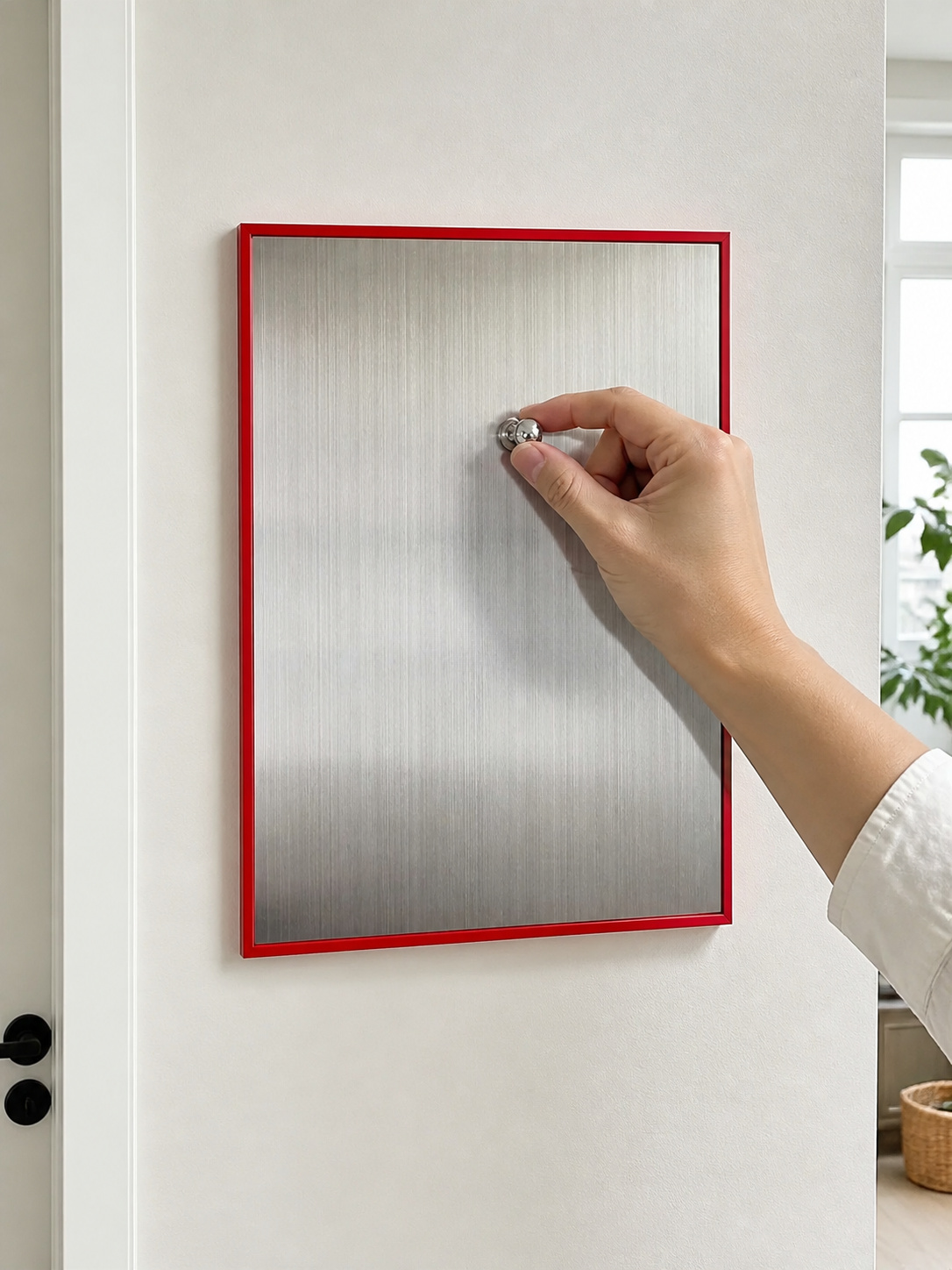 MOOJI ART magnetic photo wall panel with one supplied magnetic pin being placed by hand
