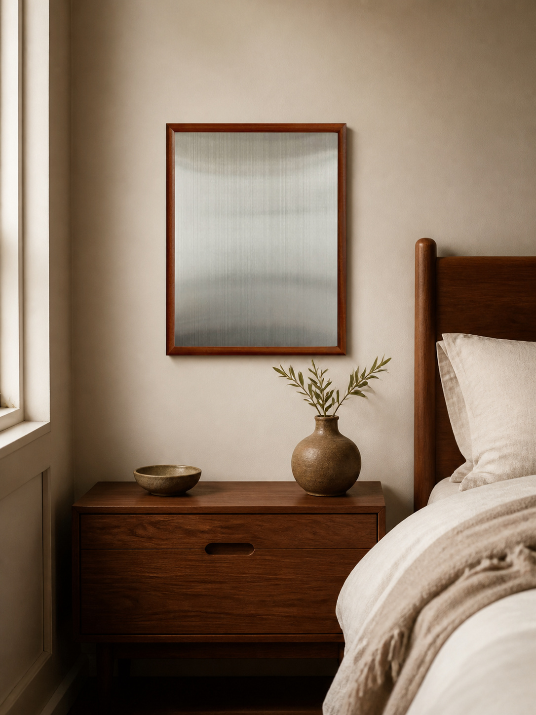 MOOJI ART sapele curved solid wood magnetic photo wall panel in a warm bedroom