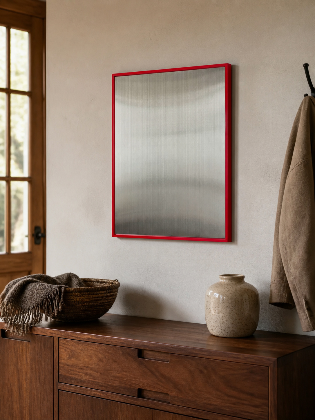 MOOJI ART matte red magnetic stainless steel photo wall panel in an entryway