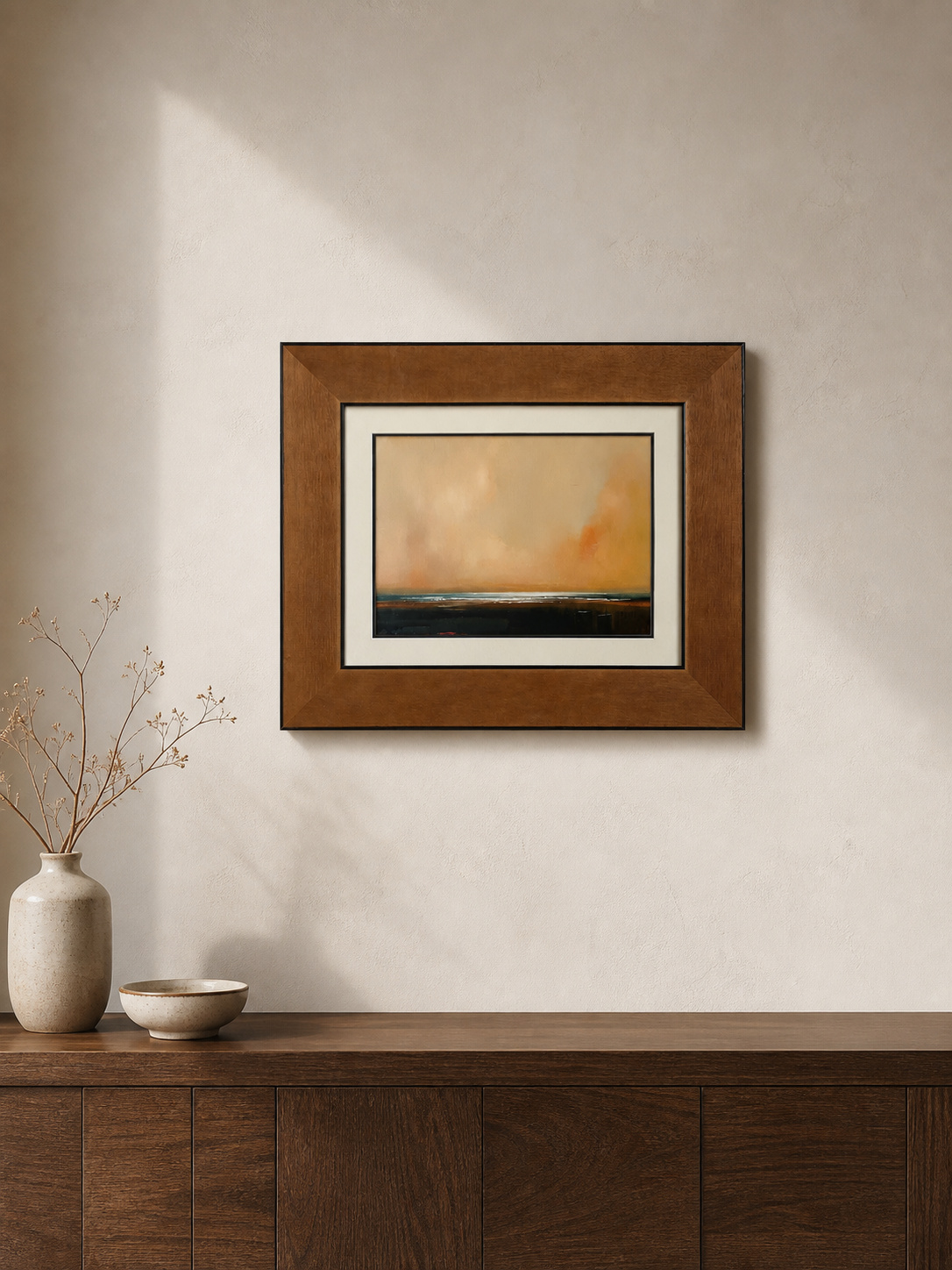 MOOJI ART warm amber landscape printed wall art with cream mat and warm brown solid-wood frame in a gallery setting