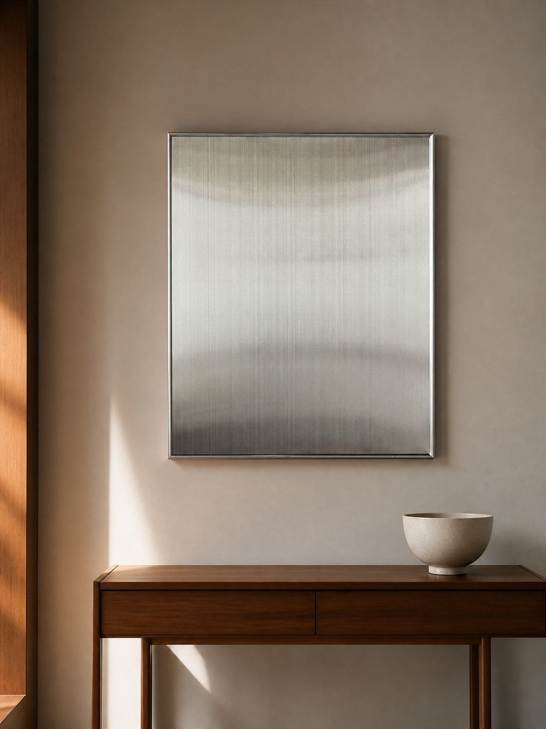 MOOJI ART bright silver curved metal magnetic photo wall panel above a console