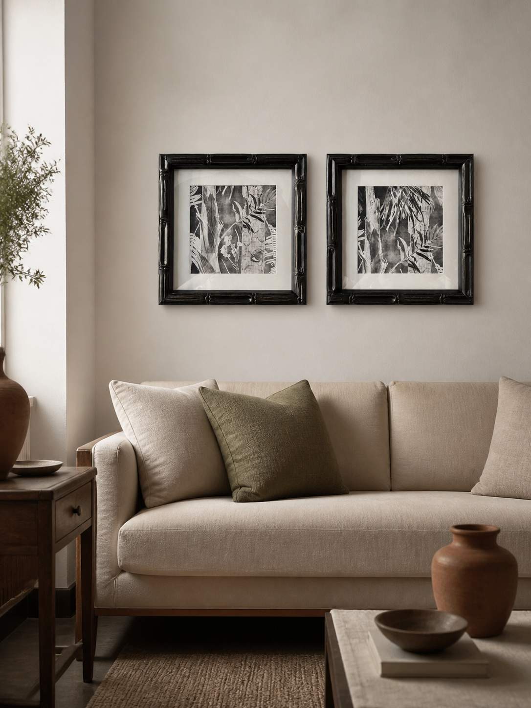 MOOJI ART coordinated botanical pair with cream mats and black carved solid-wood frames above a living-room sofa
