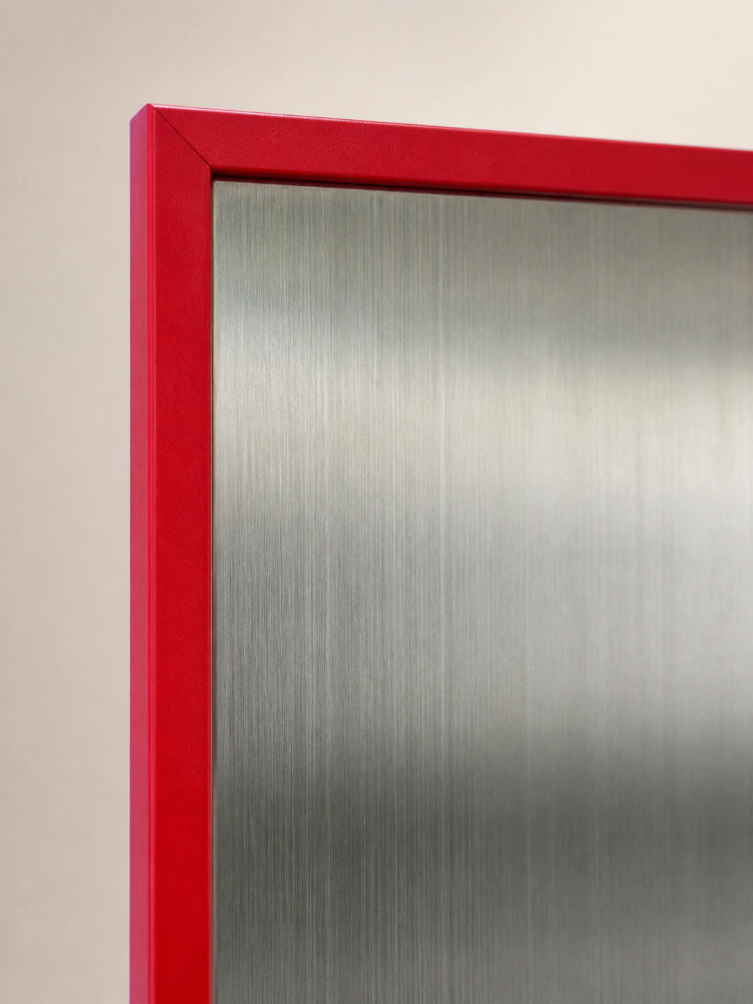 MOOJI ART matte red metal frame and brushed stainless steel magnetic surface detail