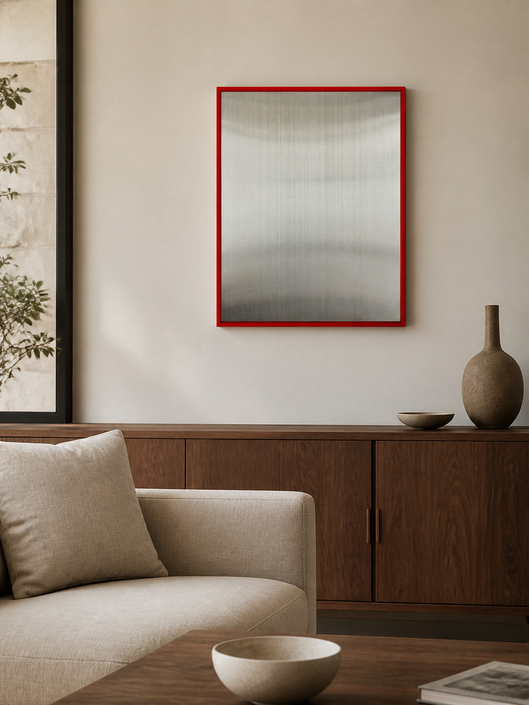 MOOJI ART matte red magnetic stainless steel photo wall panel above a walnut sideboard
