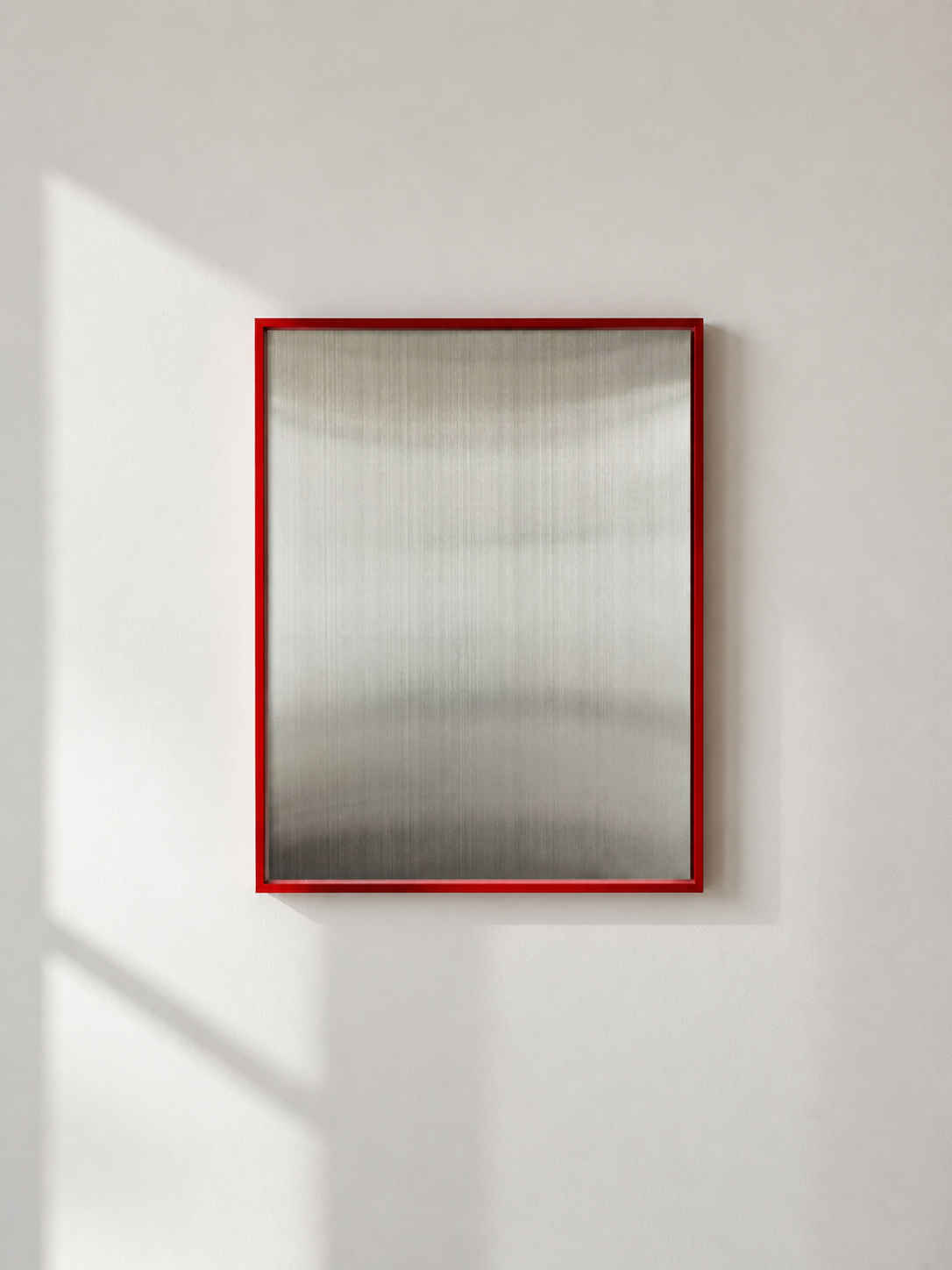 MOOJI ART magnetic stainless steel DIY photo wall panel with matte red metal frame in a gallery setting