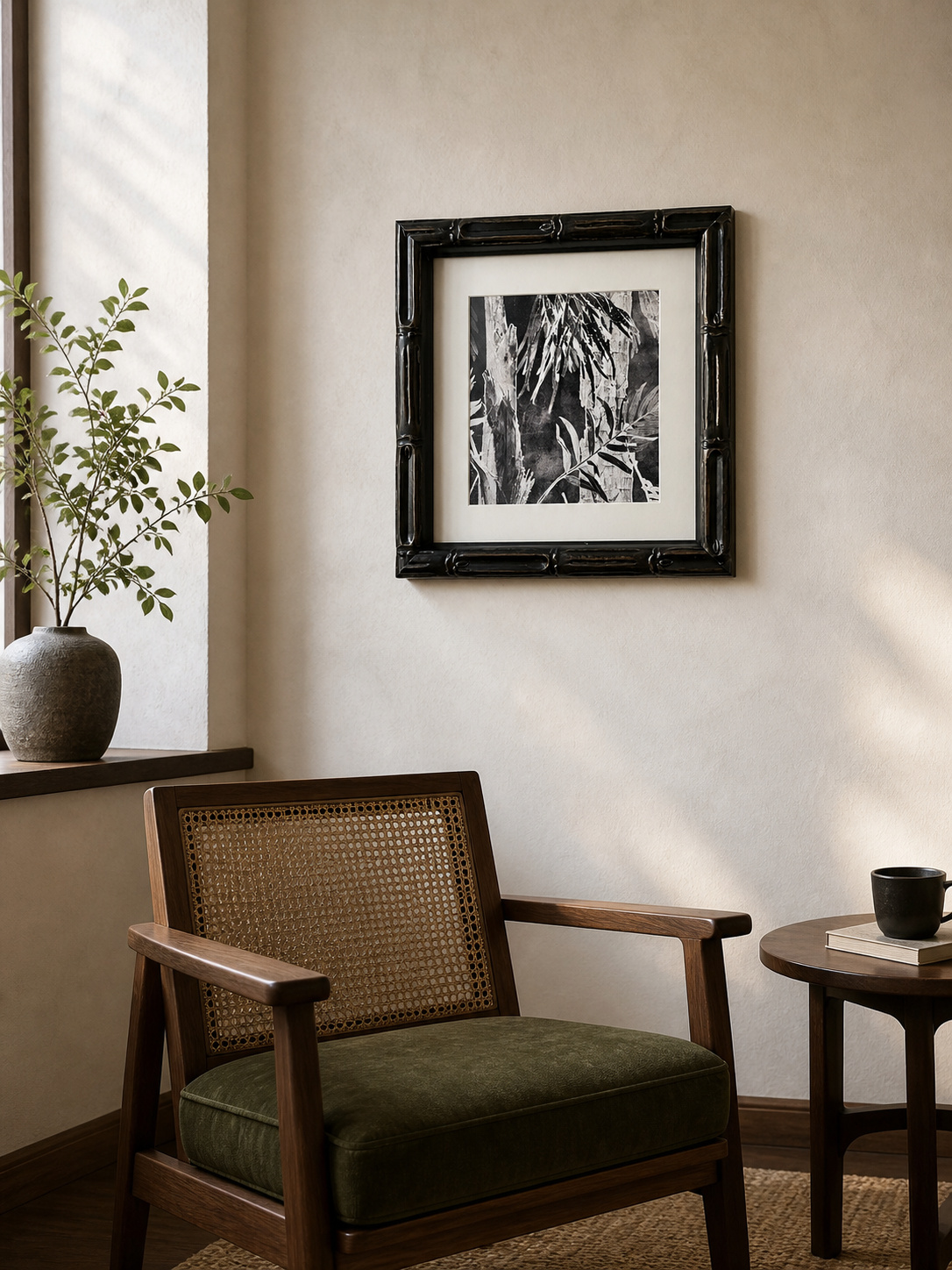 MOOJI ART botanical foliage framed wall art with cream mat in a warm reading corner