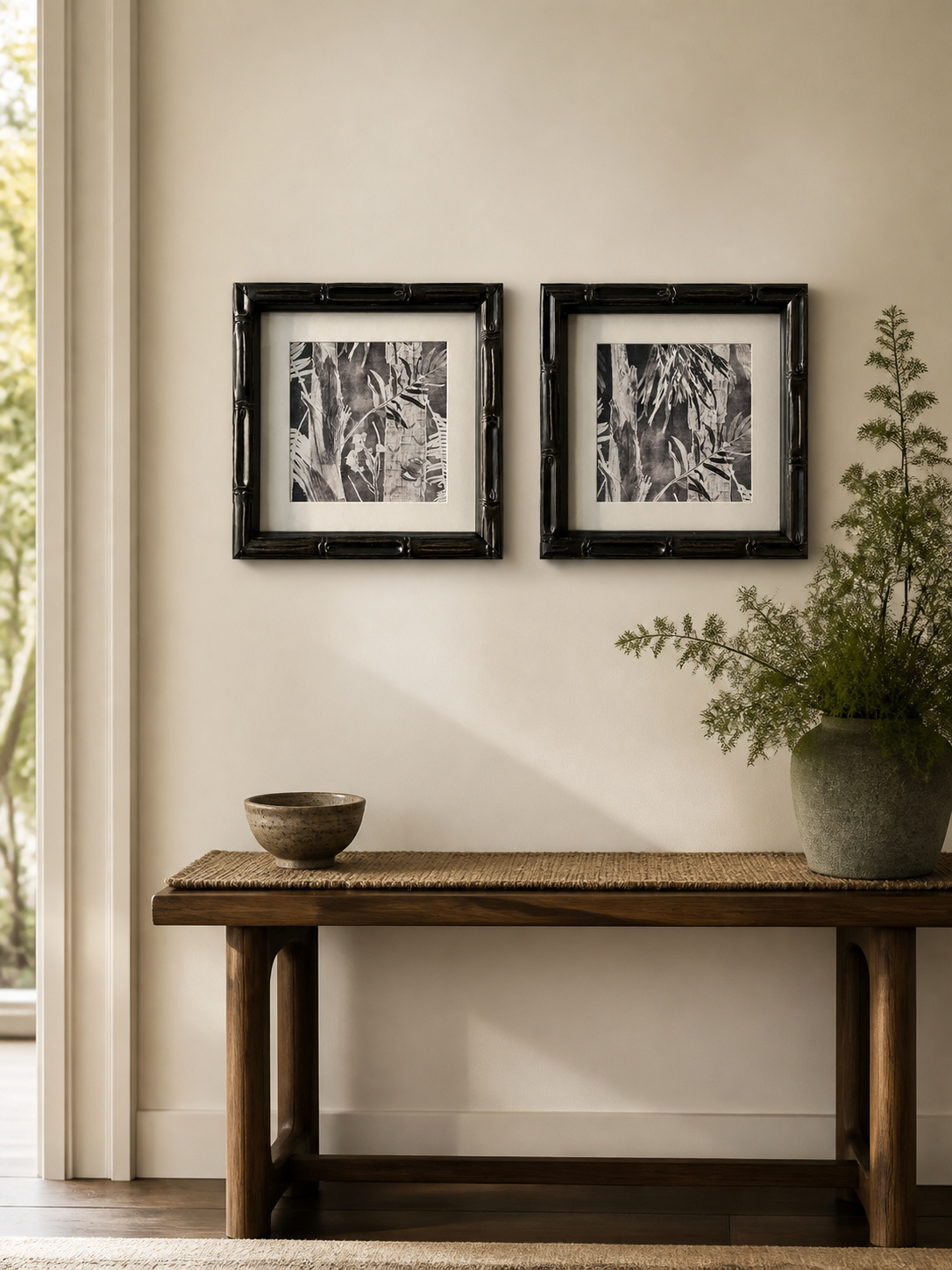 MOOJI ART coordinated botanical pair with black carved solid-wood frames in an entryway