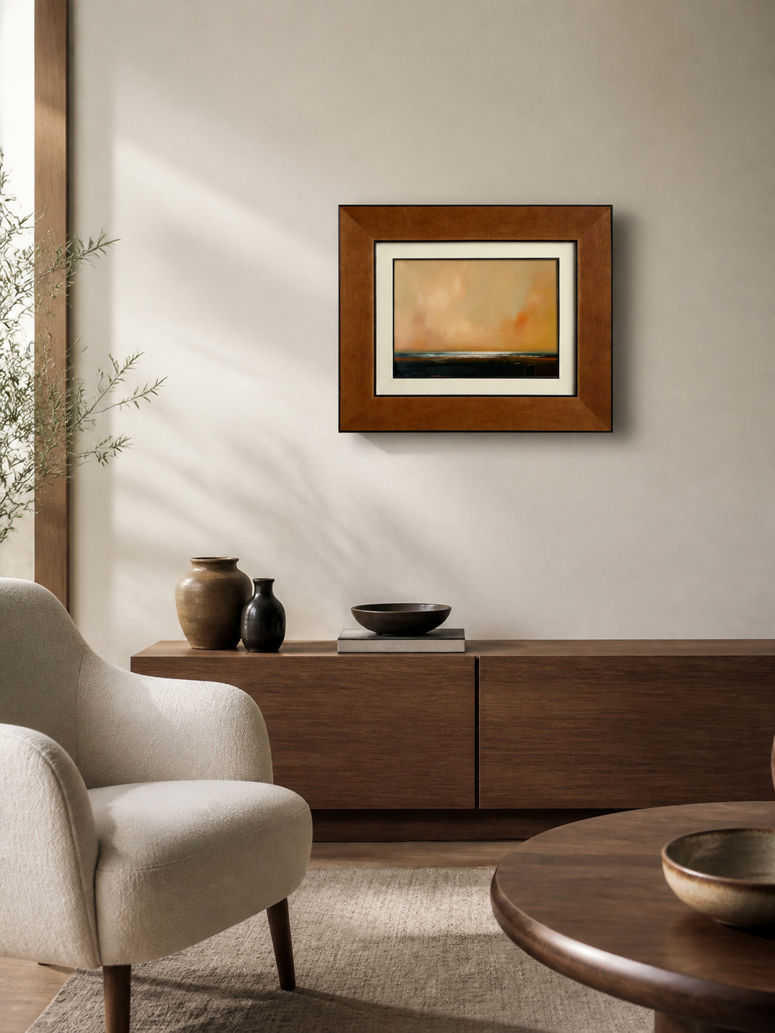 MOOJI ART warm amber landscape framed wall art in a modern minimalist living room