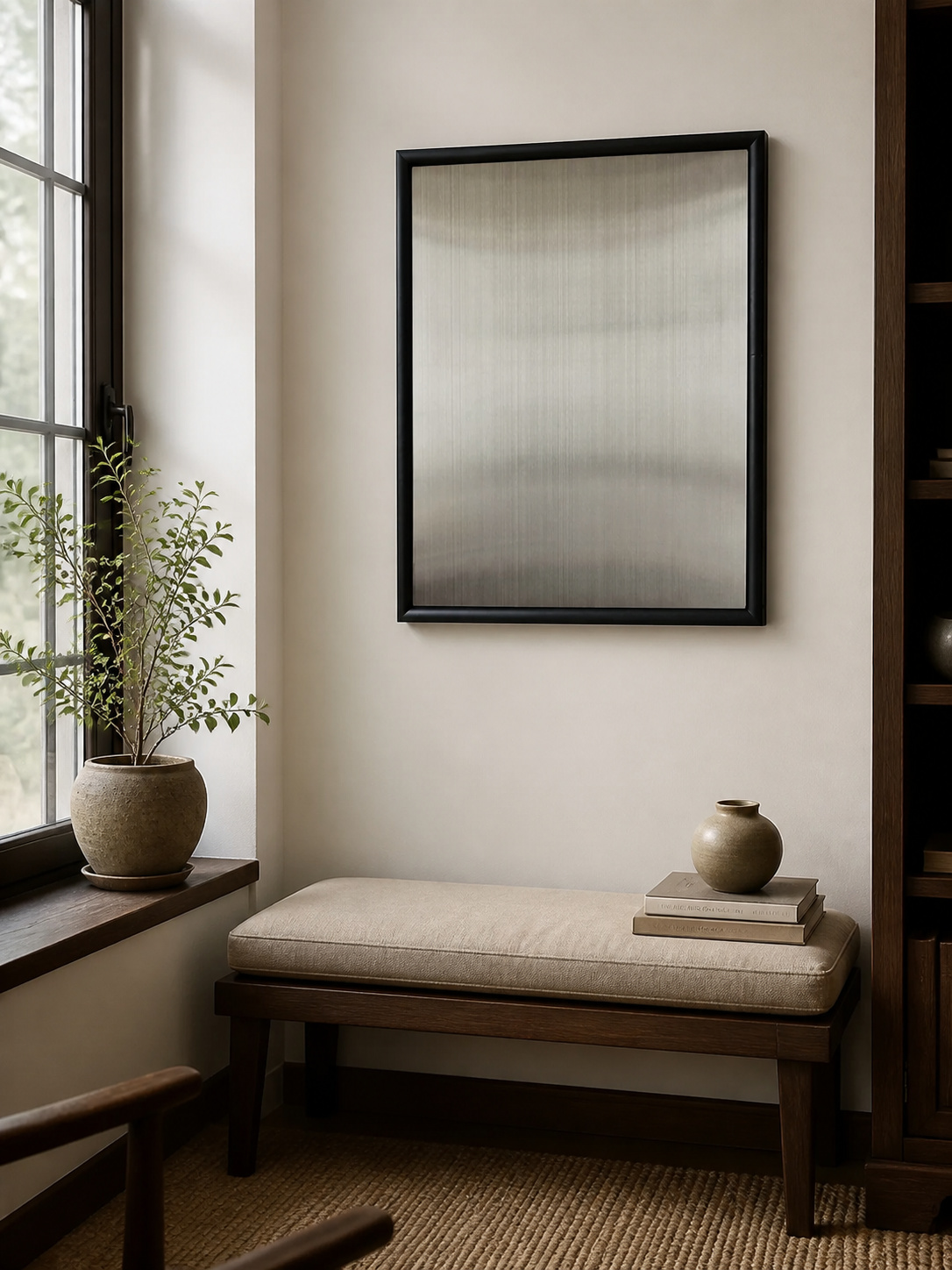 MOOJI ART black curved solid wood magnetic photo wall panel in a reading corner